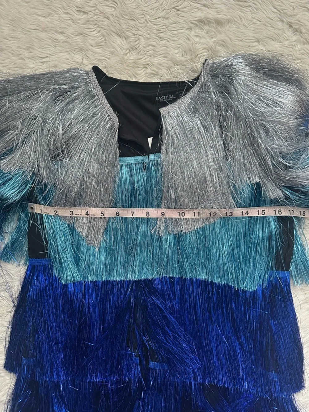 Nasty Gal Metallic Tiered Tinsel Fringe Open Front Jacket Rave Blue Sz 4 NWOT